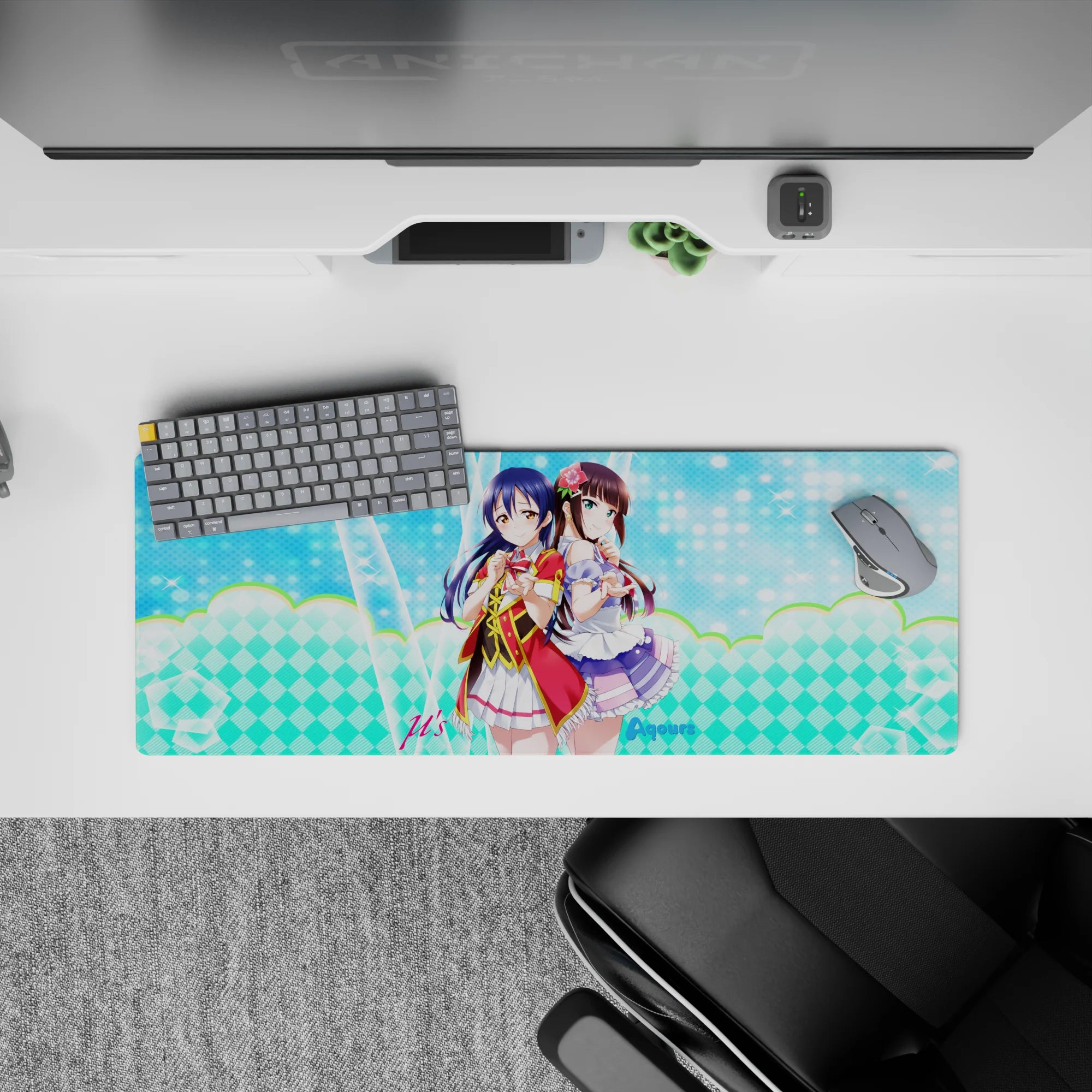 32x12 inches kawaii desk mat in aqua sparkle dots, soft gradients, and lilac frills, magical vibe.