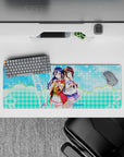 32x12 inches kawaii desk mat in aqua sparkle dots, soft gradients, and lilac frills, magical vibe.