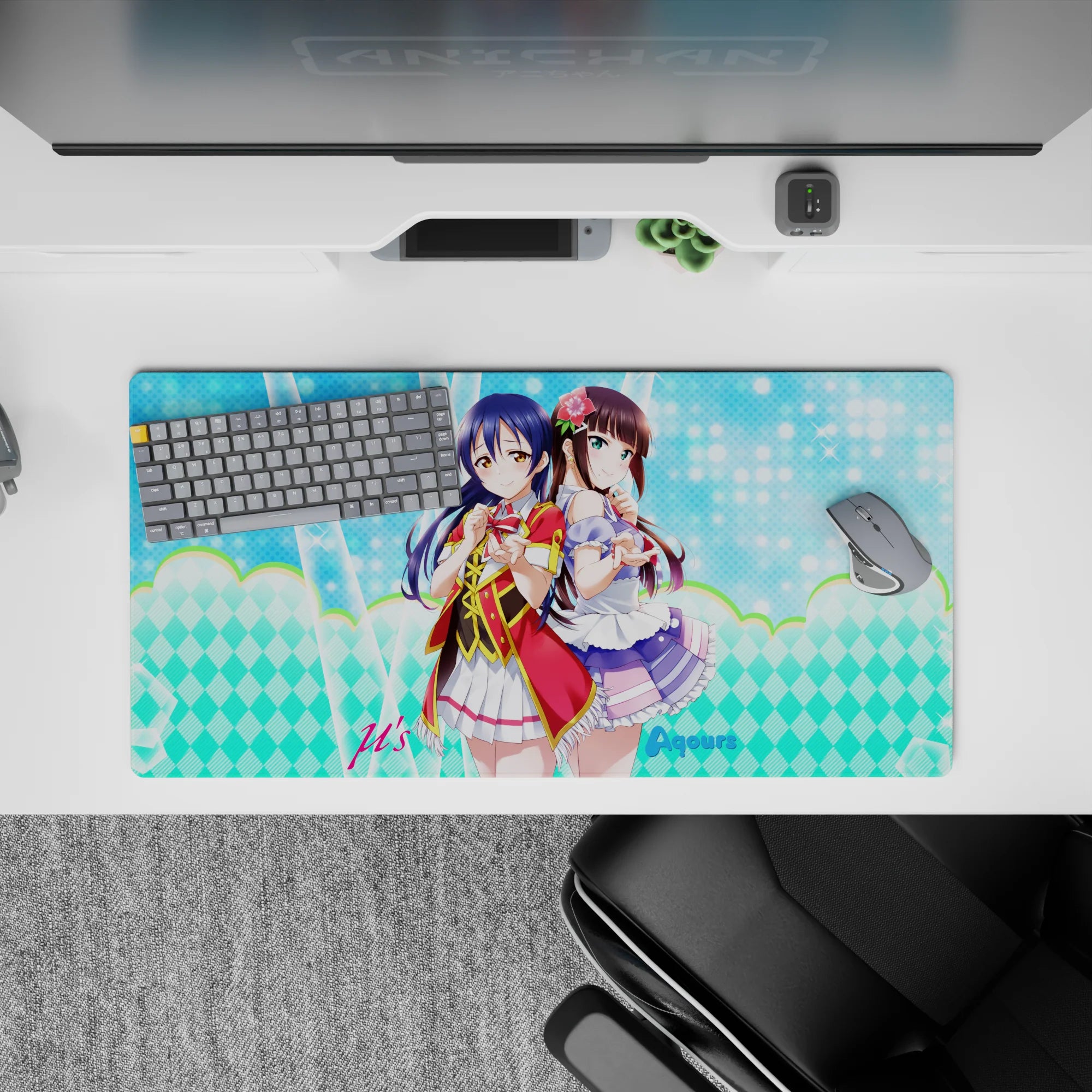 32x16 inches pastel anime mouse pad with soft gradients, aqua sparkle, lilac frills, magical cute vibe.