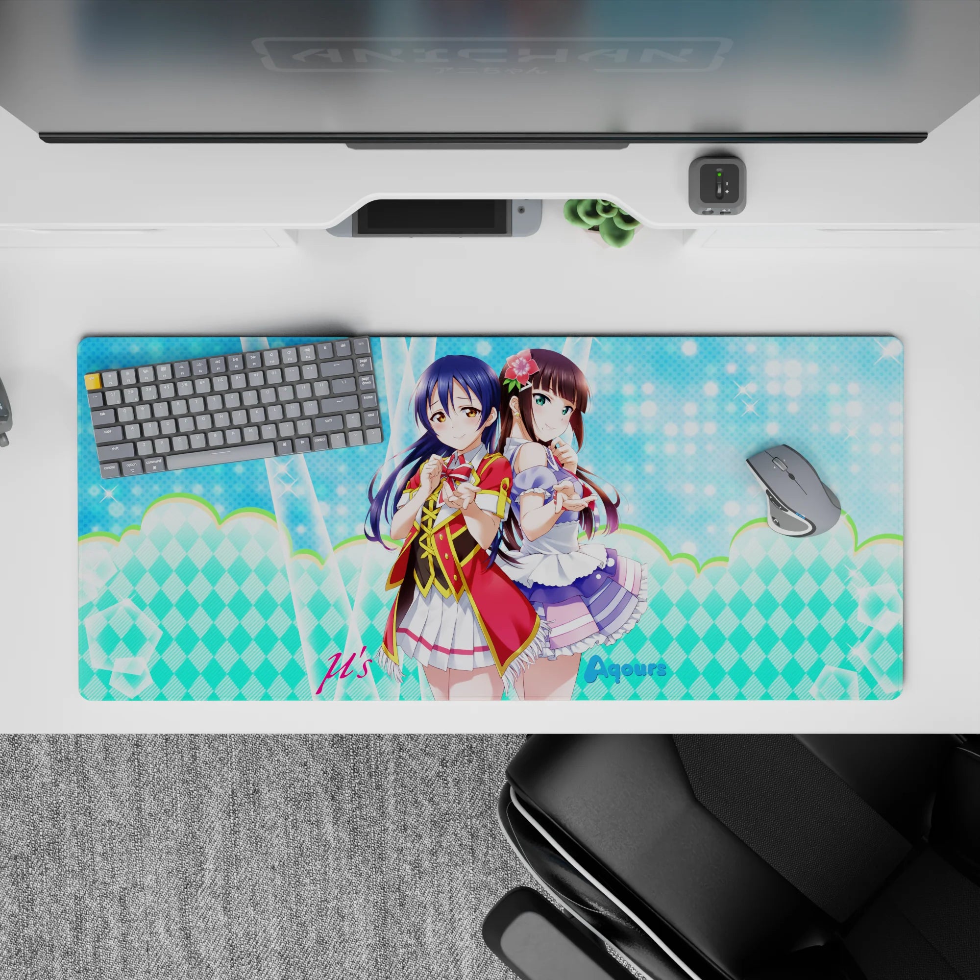 36x16 inches kawaii mouse pad in aqua and lilac tones with dreamy frills, tidy magical desk vibe.