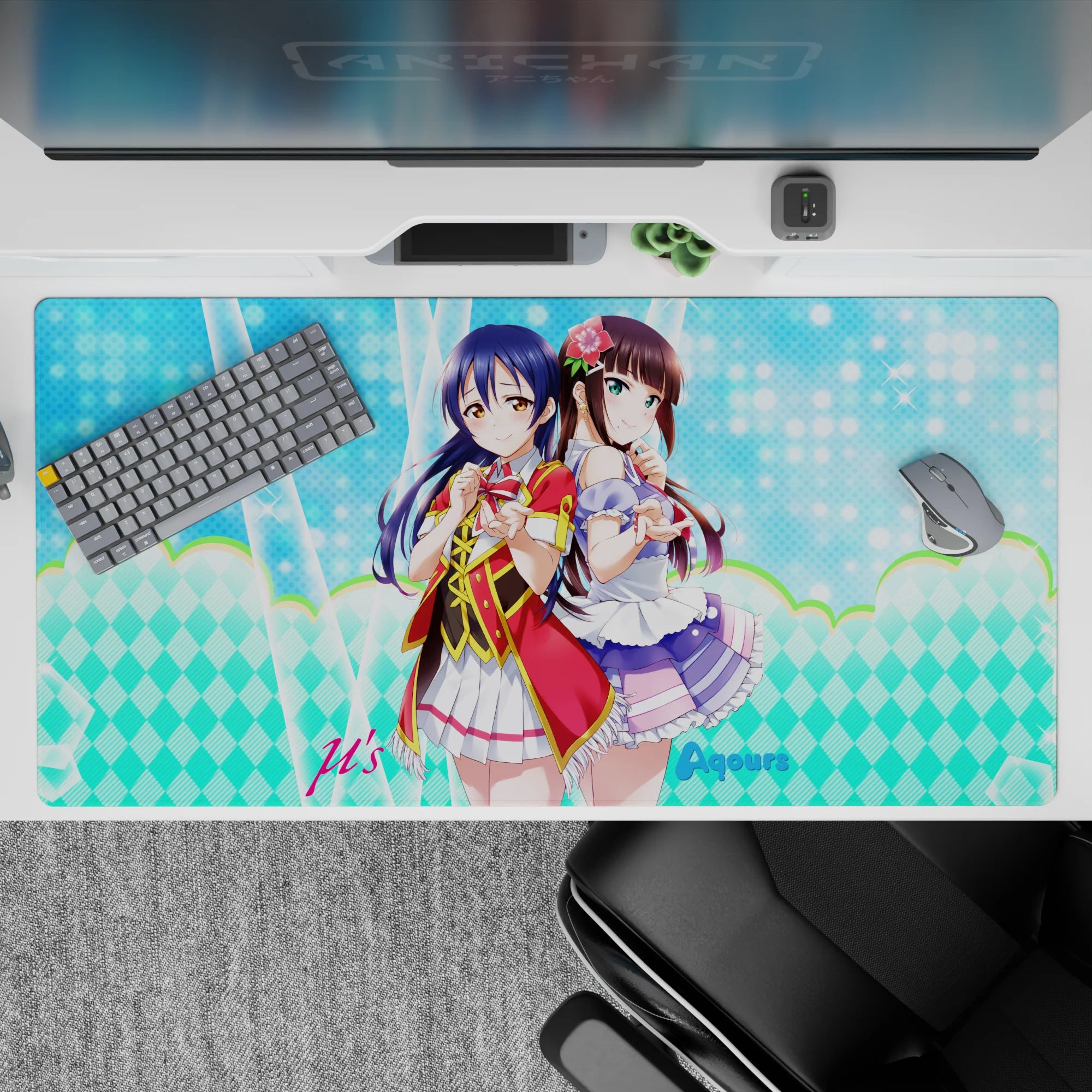 40x20 inches kawaii anime desk pad in pastel zigzags, aqua dots, and soft gradients for a magical vibe.