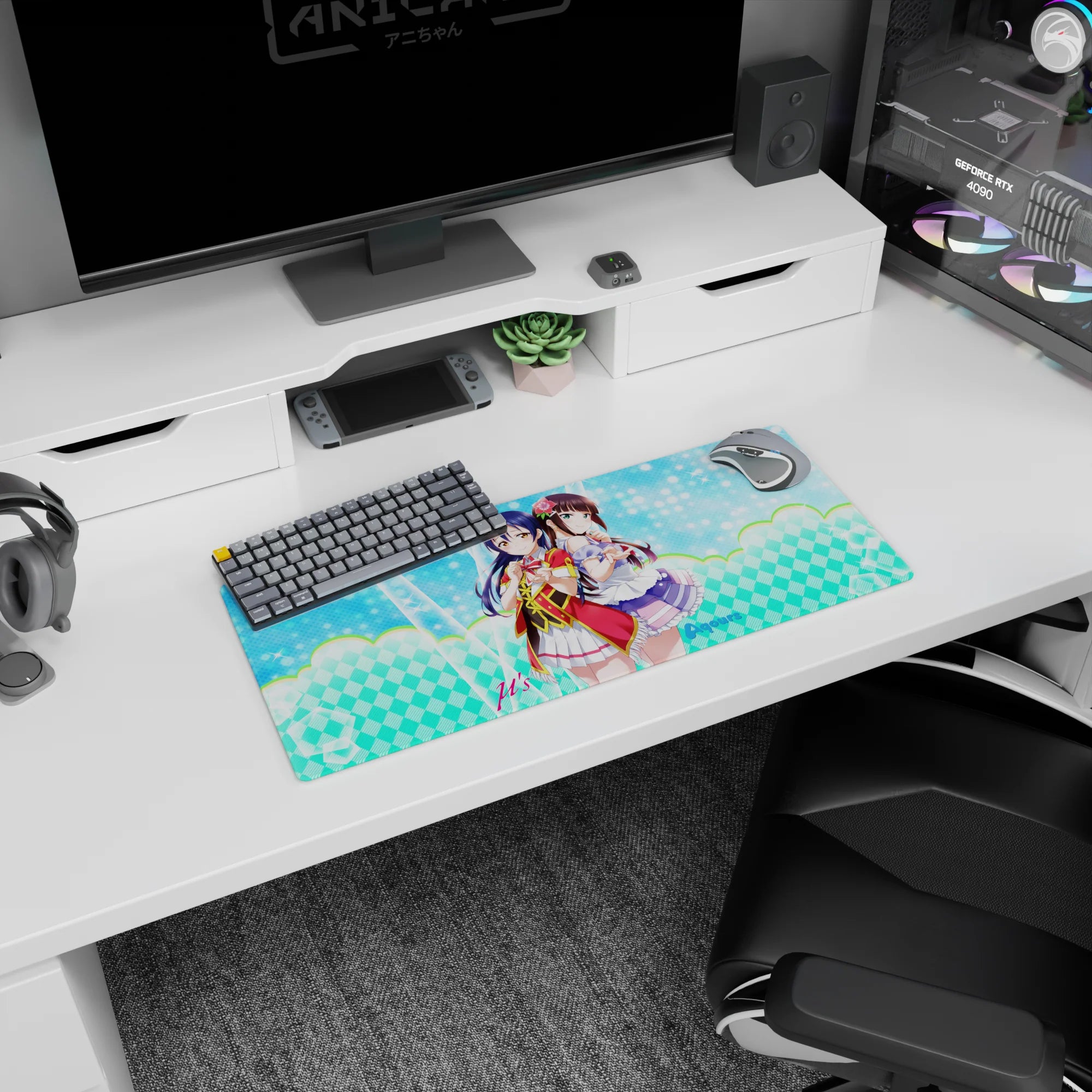 28x12 inches Love Live mouse pad featuring Umi Sonoda and Dia Kurosawa in red-trim and lilac frills.