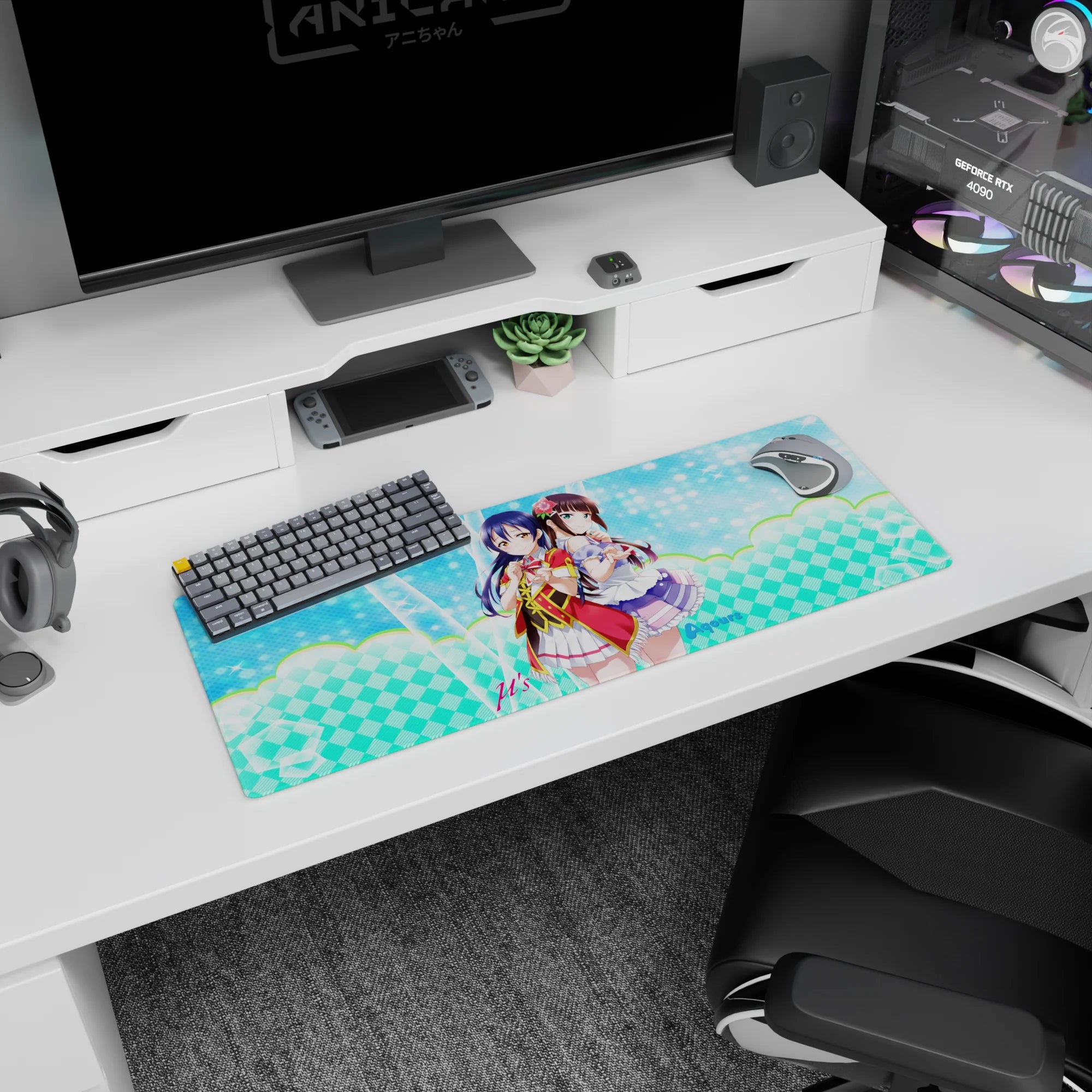32x12 inches Love Live mouse pad featuring Umi and Dia in red-trim outfits with cute flower clip.