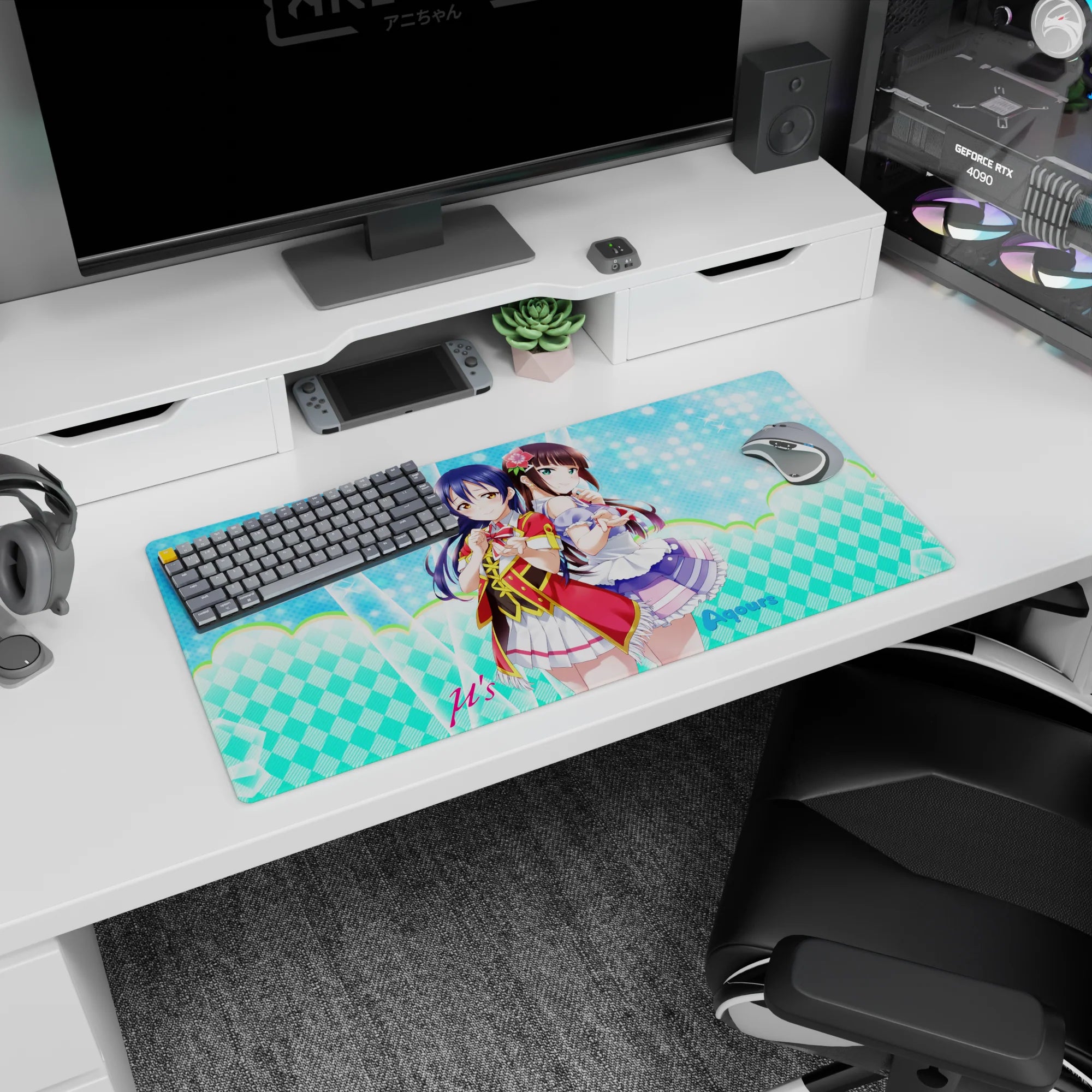 32x16 inches Love Live mouse pad showing Umi Sonoda and Dia Kurosawa in red-trim outfits with flower clip.