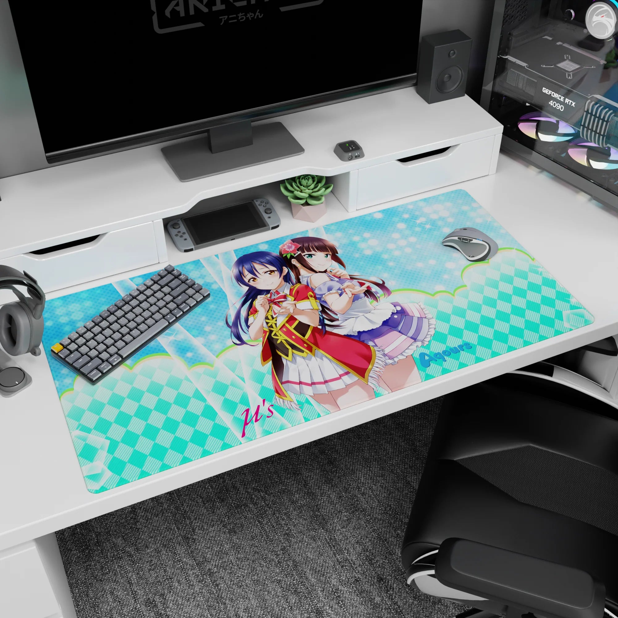 40x20 inches Love Live mouse pad featuring Umi and Dia in red-trim outfits with lilac frills and flower clip.