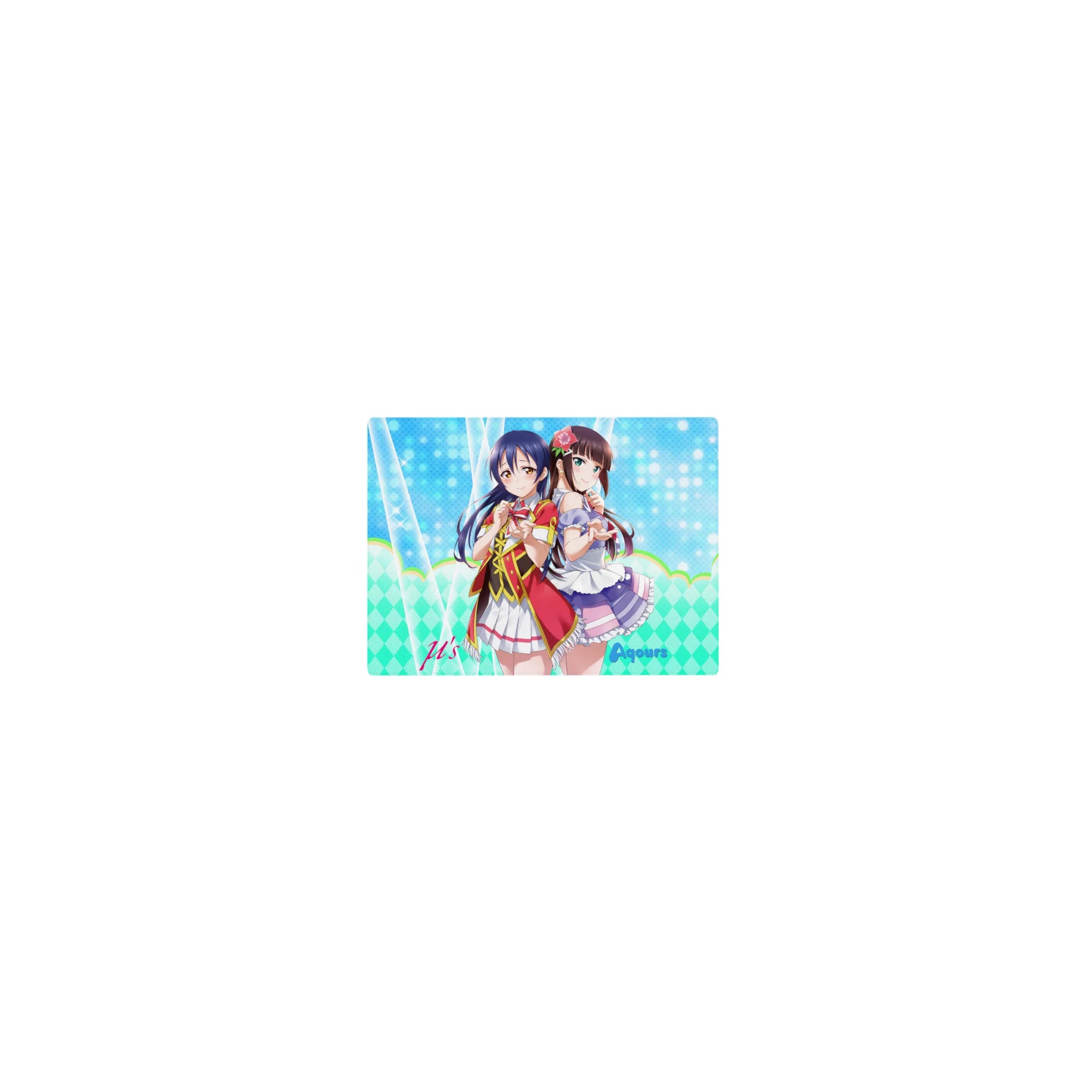 14x10 inches classic anime girl mouse pad with two idols, sparkly aqua dots, pastel zigzag background.