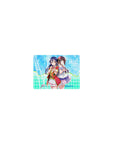 14x10 inches classic anime girl mouse pad with two idols, sparkly aqua dots, pastel zigzag background.