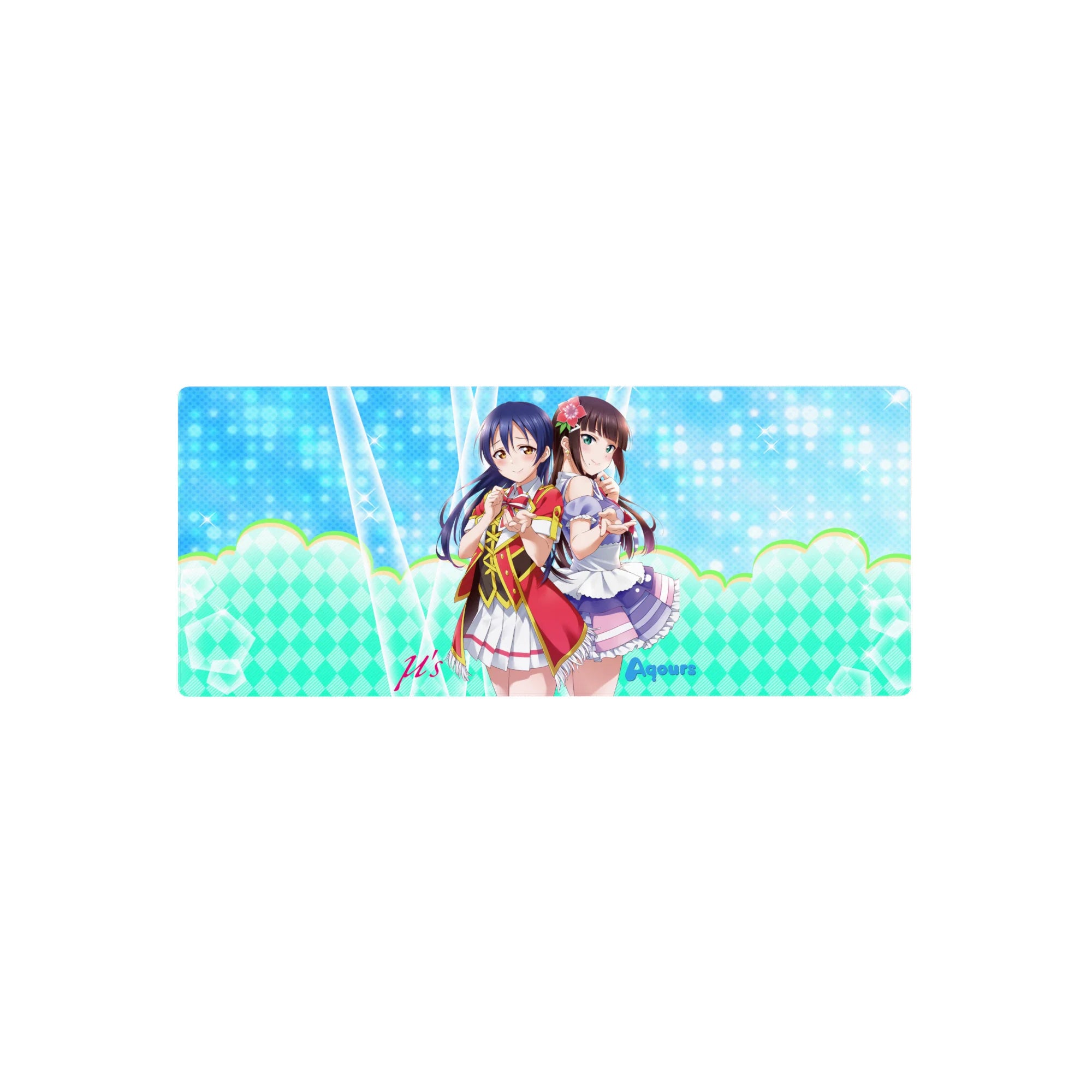 28x12 inches anime girl mouse pad with sparkly aqua dots, pastel zigzags, and lilac frill outfits.