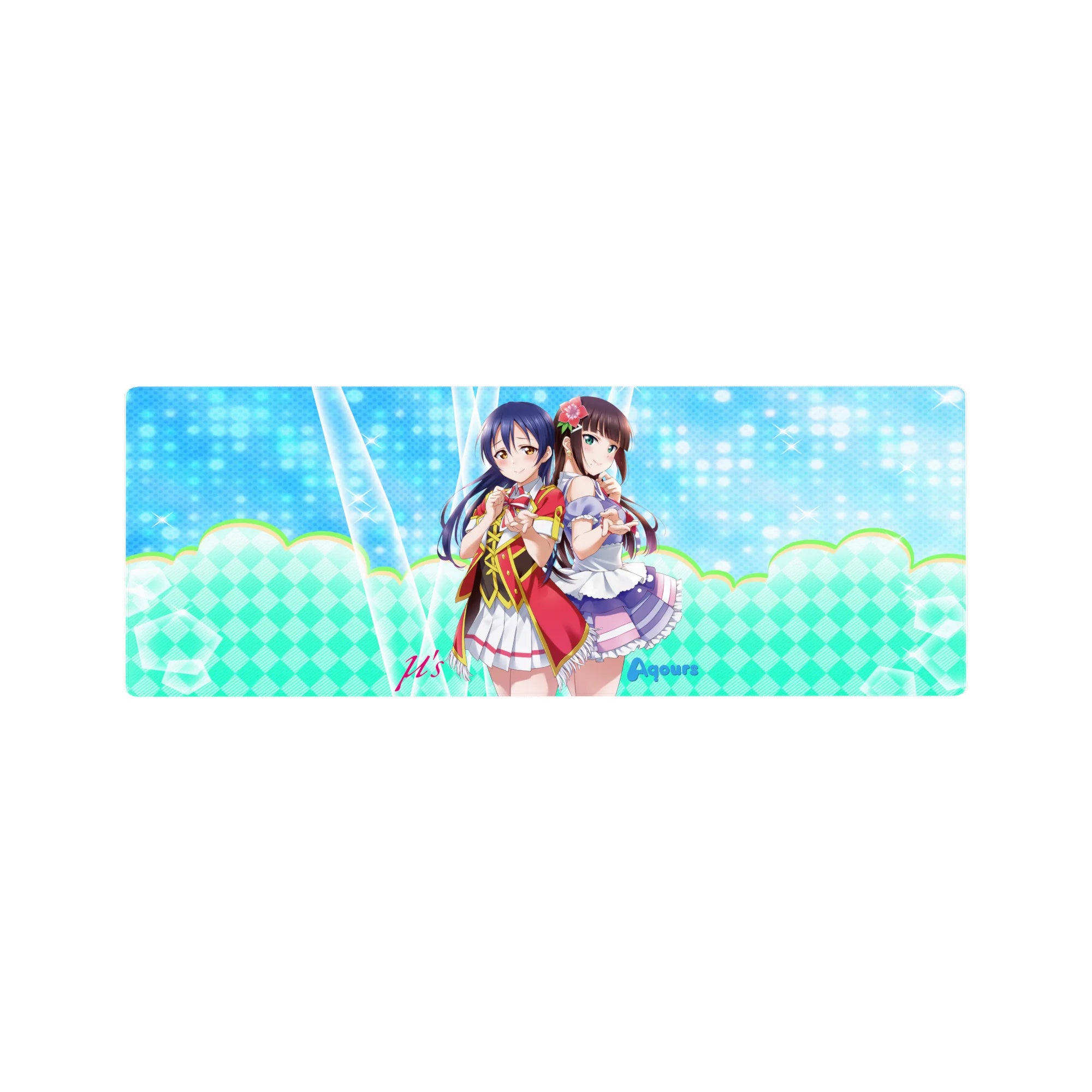 32x12 inches anime girl mouse pad with Umi Sonoda and Dia Kurosawa, pastel zigzag background.