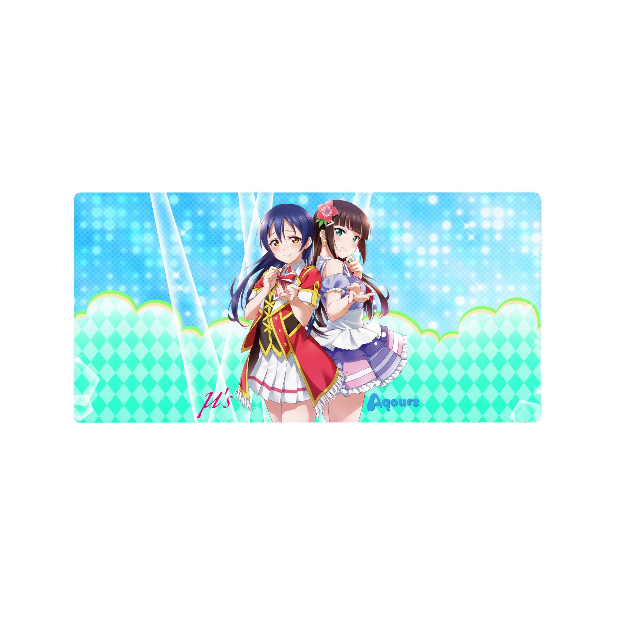 32x16 inches anime girl mouse pad with Umi Sonoda and Dia Kurosawa, sparkly aqua dots and zigzags.