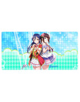 32x16 inches anime girl mouse pad with Umi Sonoda and Dia Kurosawa, sparkly aqua dots and zigzags.