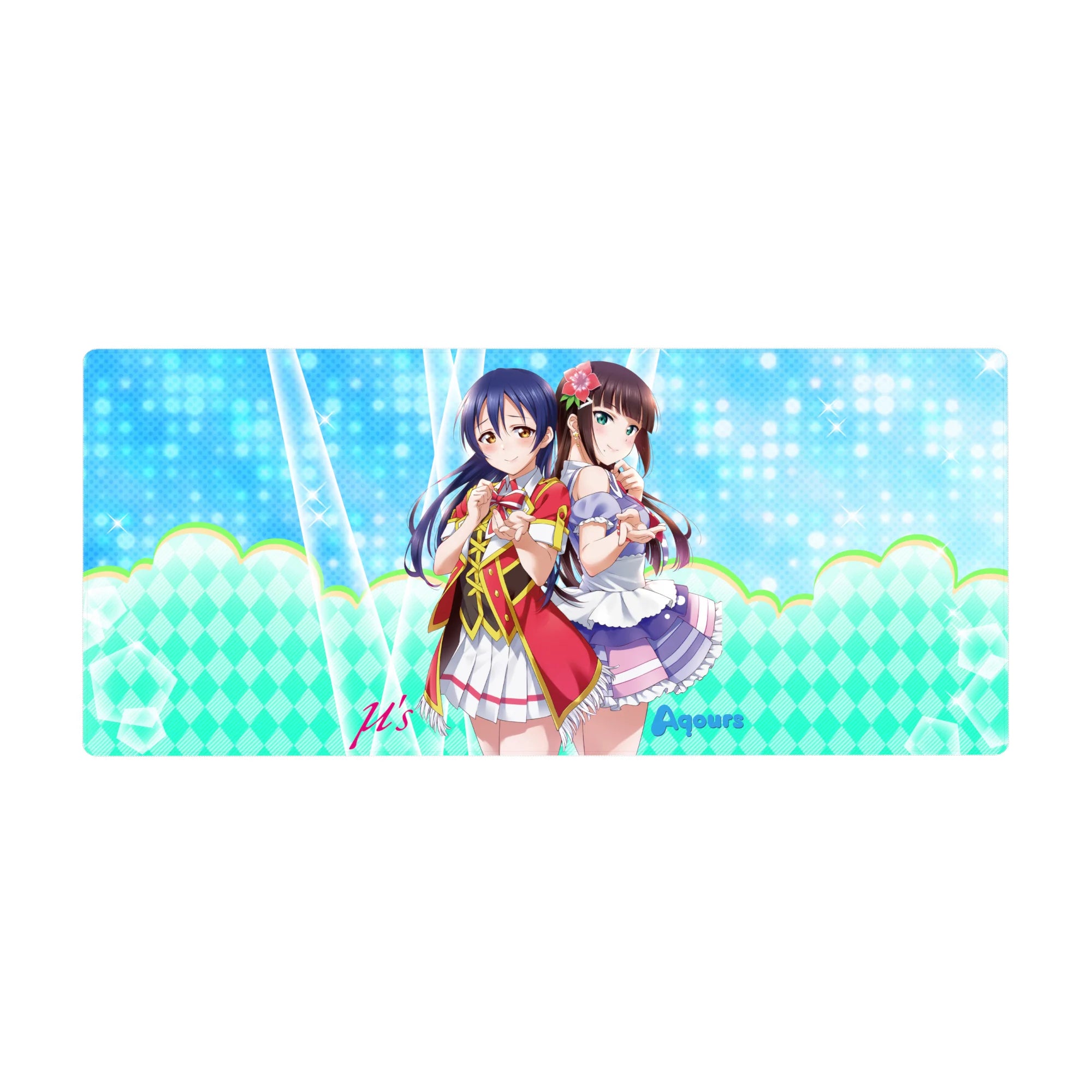 36x16 inches anime girl desk pad with sparkly aqua dots, pastel zigzags, and soft gradient background.