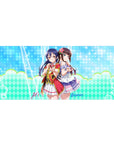 36x16 inches anime girl desk pad with sparkly aqua dots, pastel zigzags, and soft gradient background.