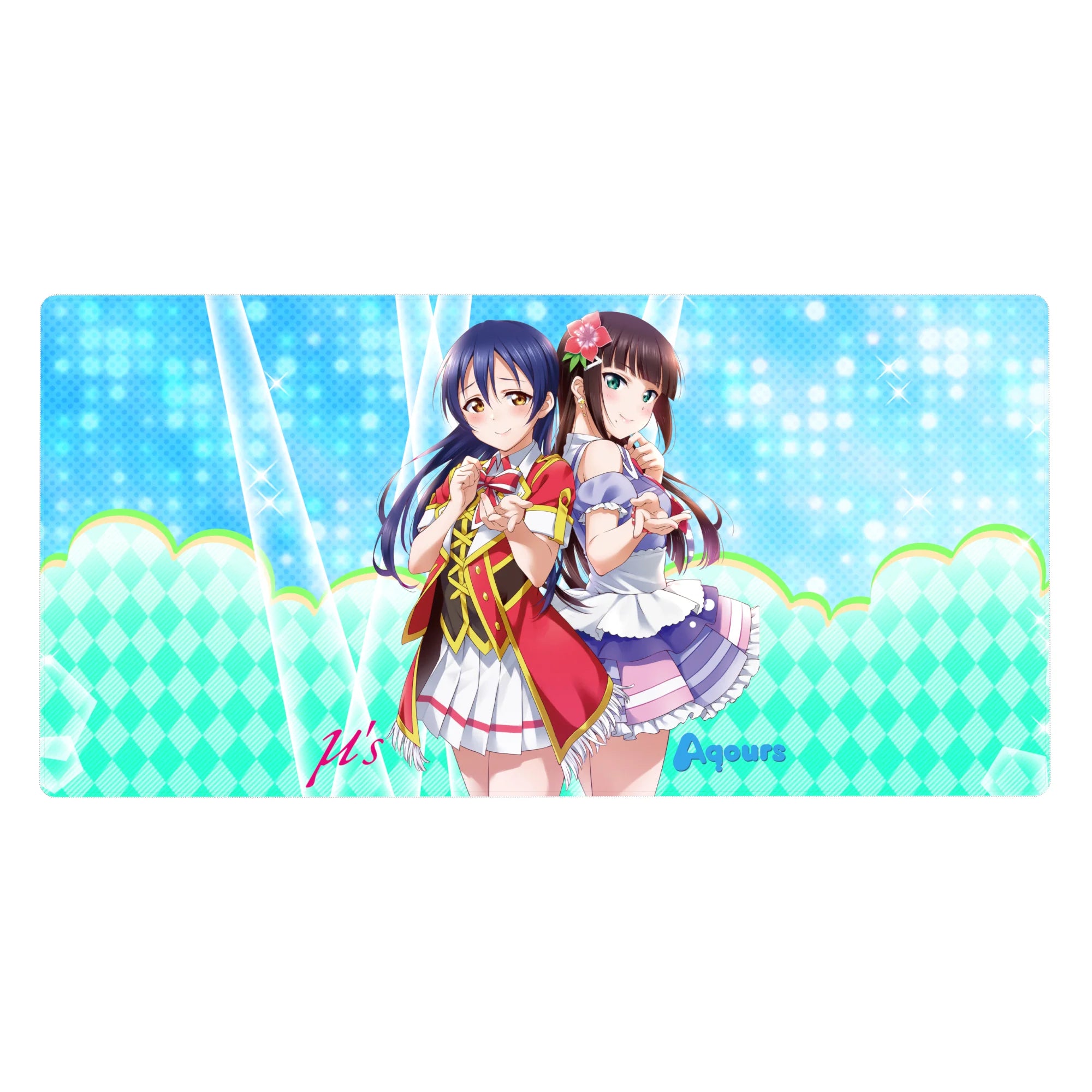 40x20 inches anime girl desk pad with Umi Sonoda and Dia Kurosawa on sparkly aqua dotted background.