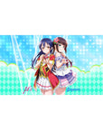40x20 inches anime girl desk pad with Umi Sonoda and Dia Kurosawa on sparkly aqua dotted background.