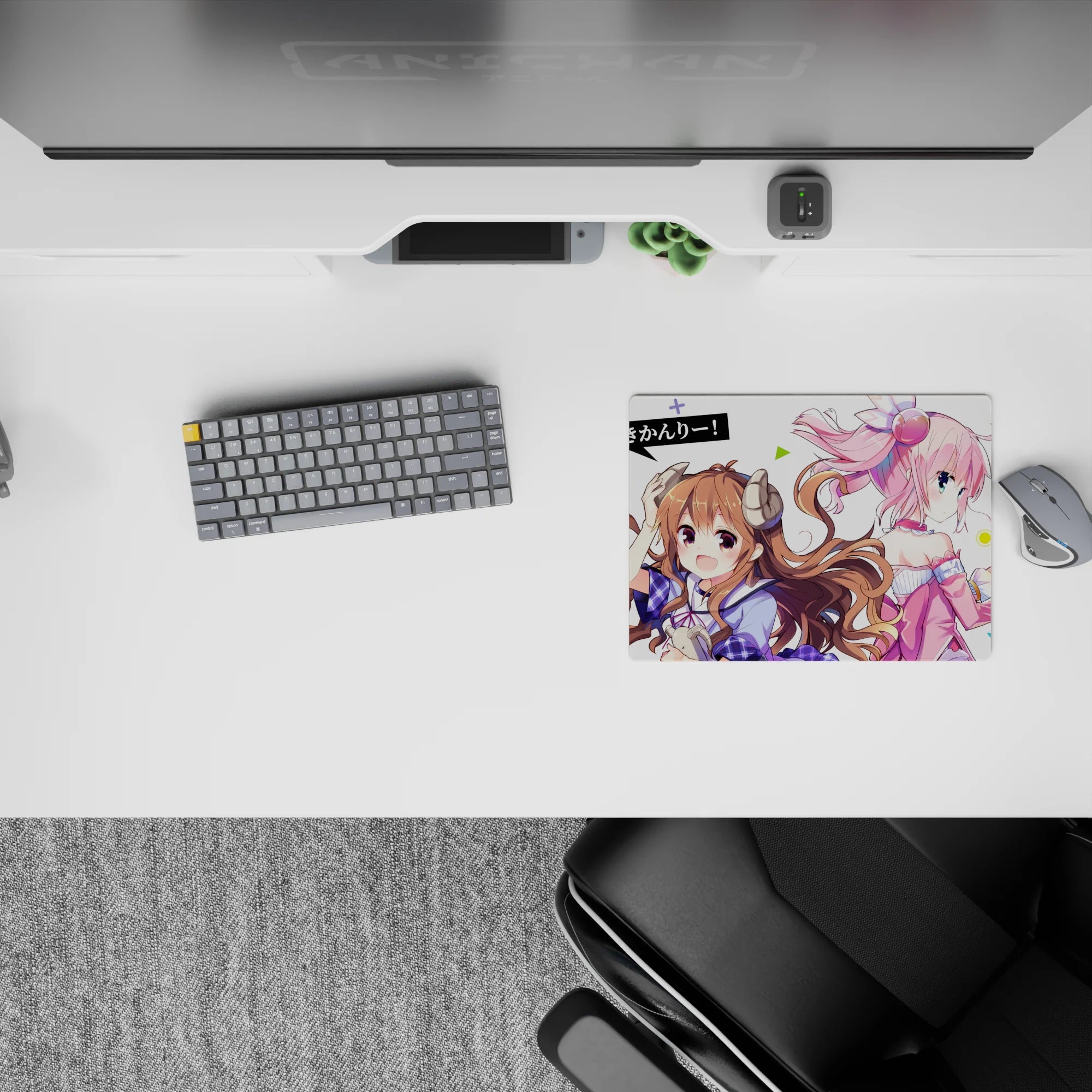 Pastel pink and brown anime girl mouse pad 14x10 inches, airy white space, cute cozy desk vibe.