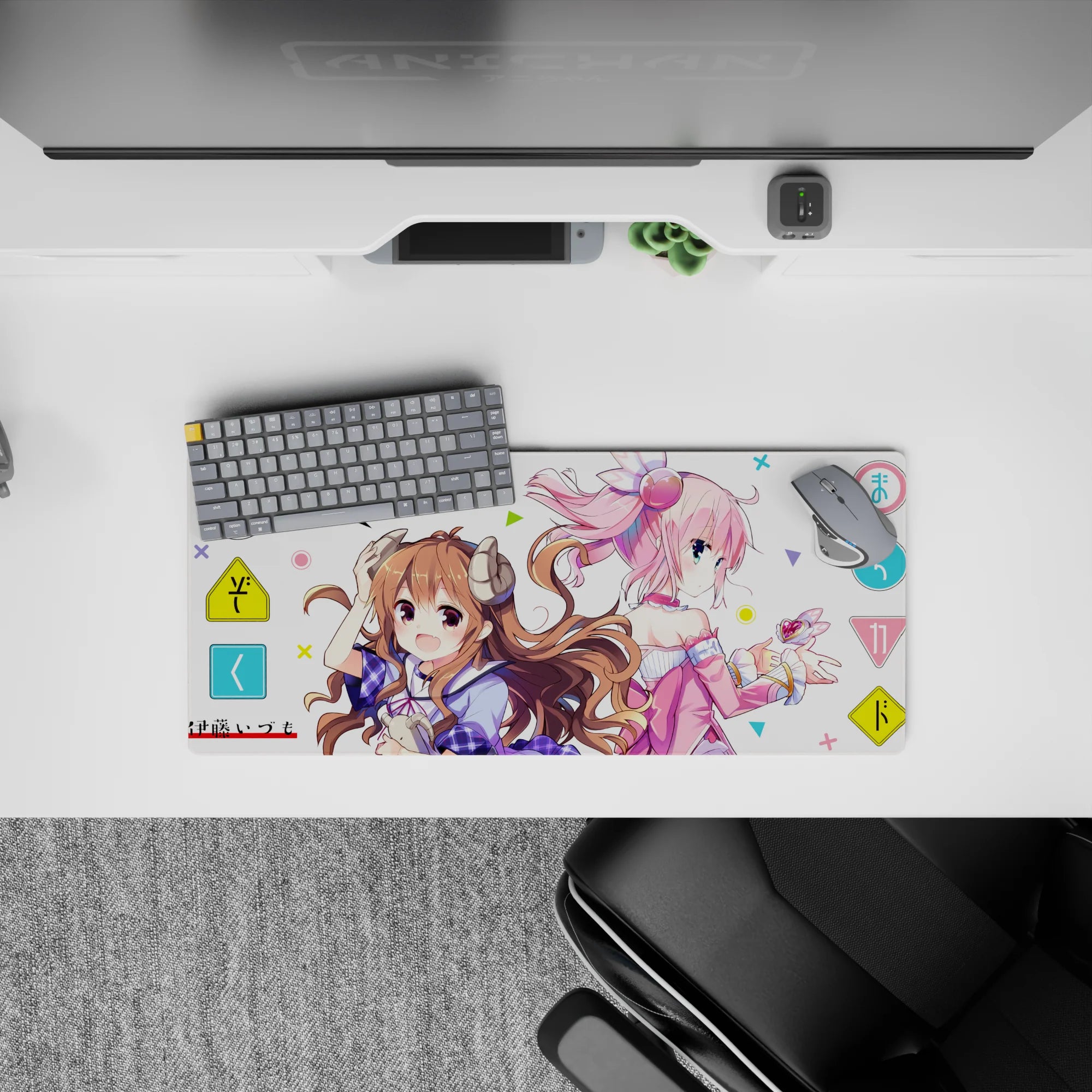 28x12 inches pastel kawaii desk mat, airy candy colors, cozy vibe, smooth glide anime girl mouse pad.