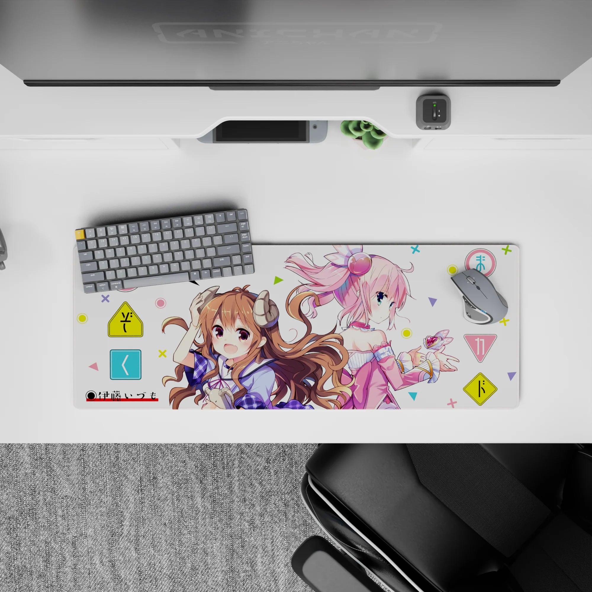 32x12 inches pastel pink and brown kawaii anime mouse pad, airy white space, cozy candy vibe.