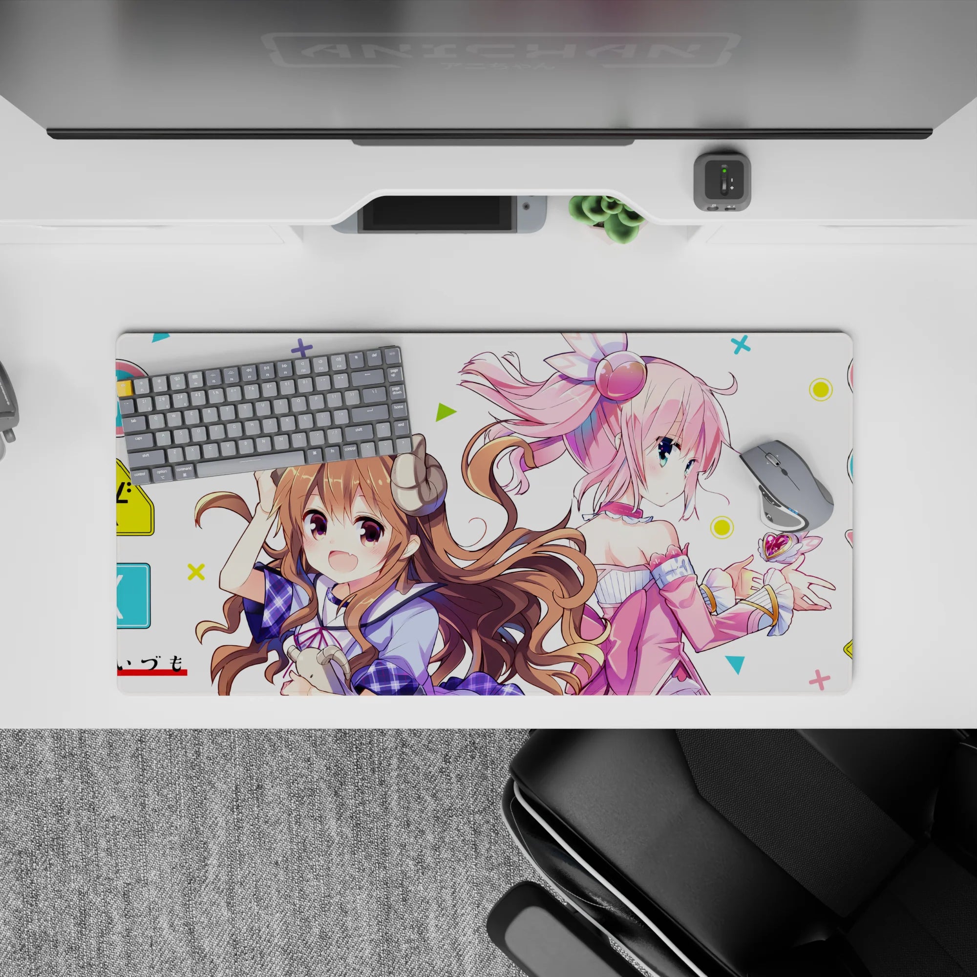 32x16 inches pastel kawaii anime desk mat in pink and brown tones, airy candy vibe, smooth glide.
