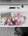 32x16 inches pastel kawaii anime desk mat in pink and brown tones, airy candy vibe, smooth glide.