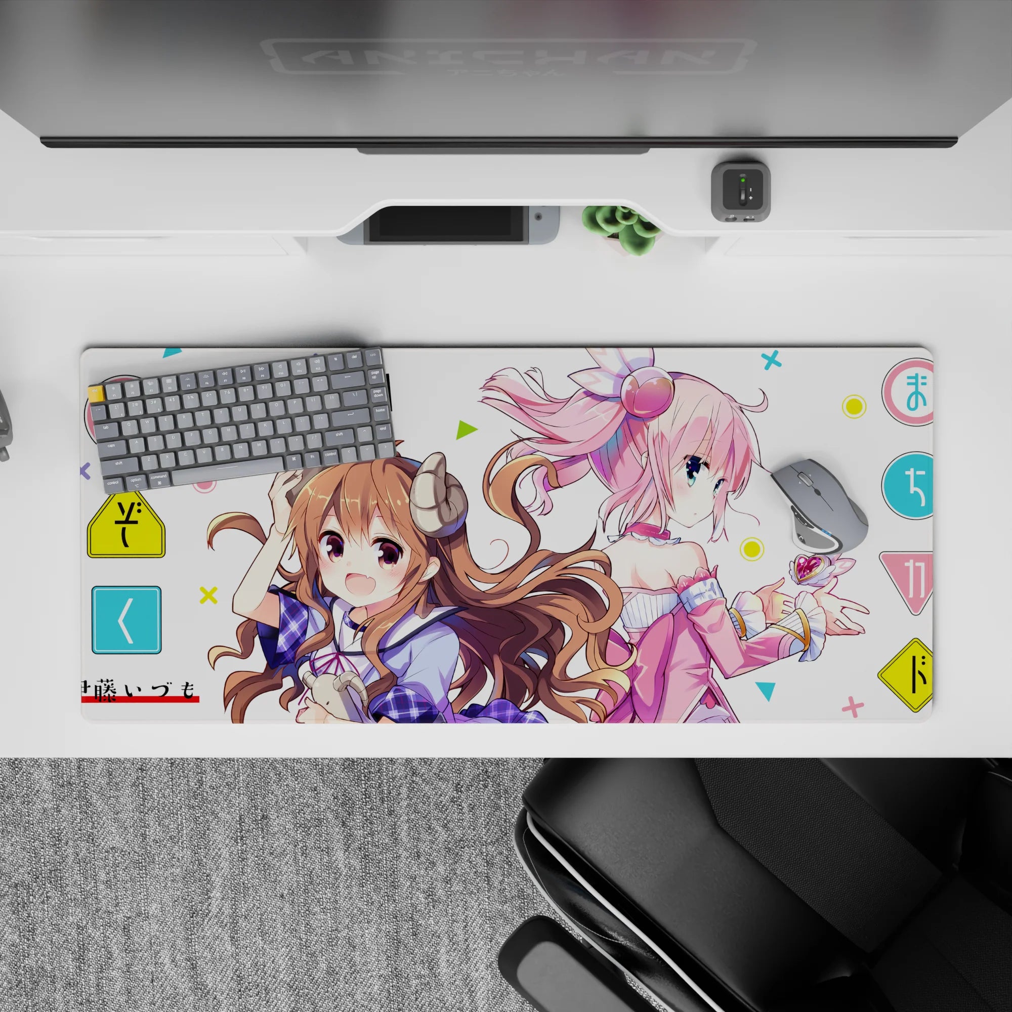 36x16 inches pastel anime desk pad with airy candy vibe, soft frills, ribbons, and smooth-glide surface.