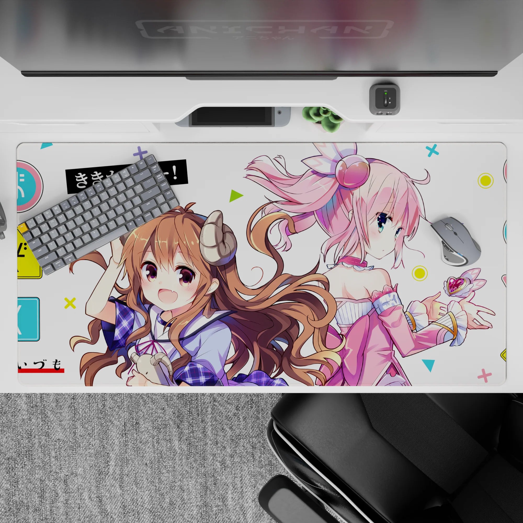 Pastel pink and warm brown anime desk pad 40x20 inches, cozy candy vibe with airy white background.