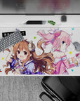 Pastel pink and warm brown anime desk pad 40x20 inches, cozy candy vibe with airy white background.