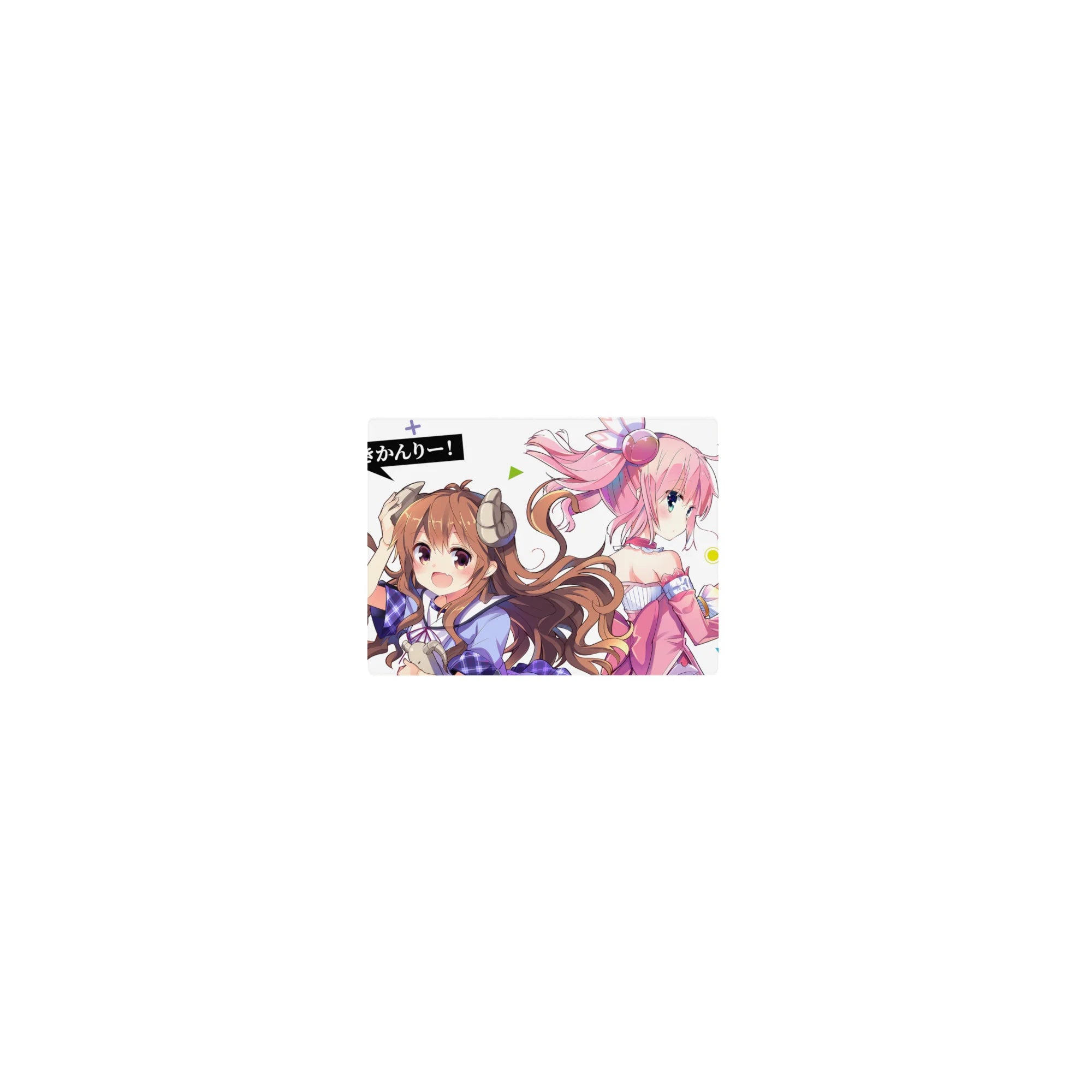 Classic anime girl mouse pad 14x10 inches with two girls, horn accessories, headphones, pastel shapes.