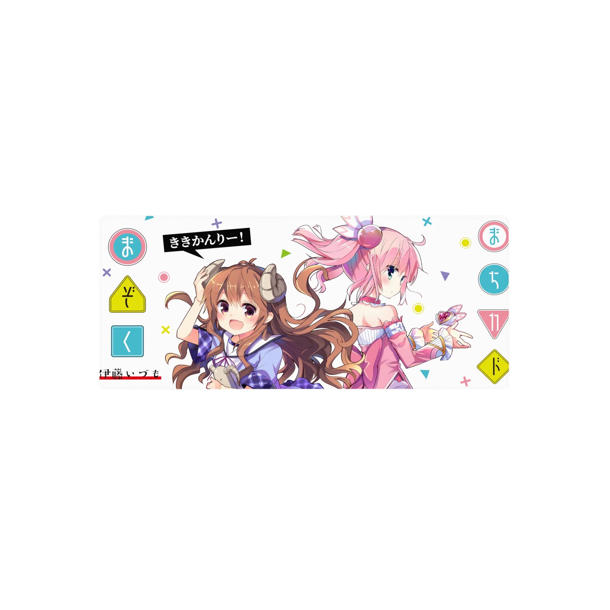 28x12 inches anime girl mouse pad with two cute girls, horns, headphones, pastel shapes, and white space.