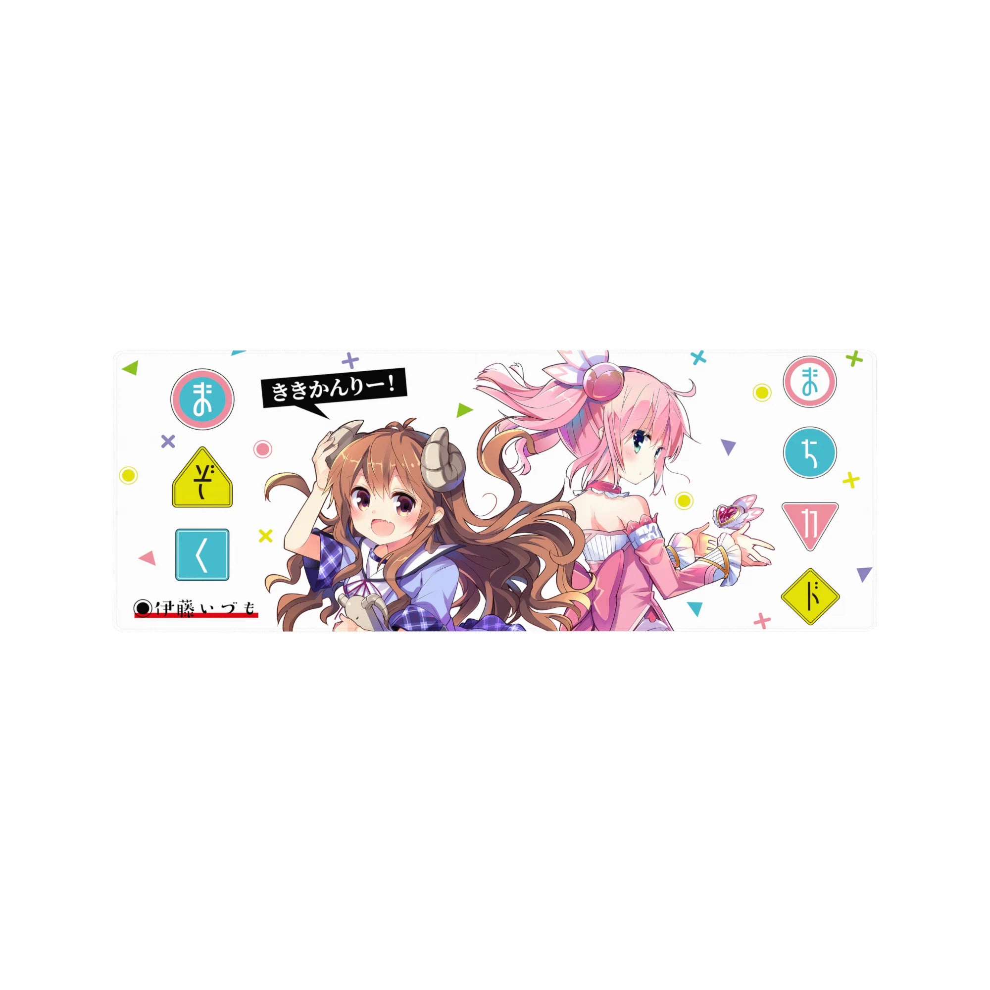 32x12 inches anime girl desk mouse pad with two girls, horn accessories, headphones, pastel shapes.