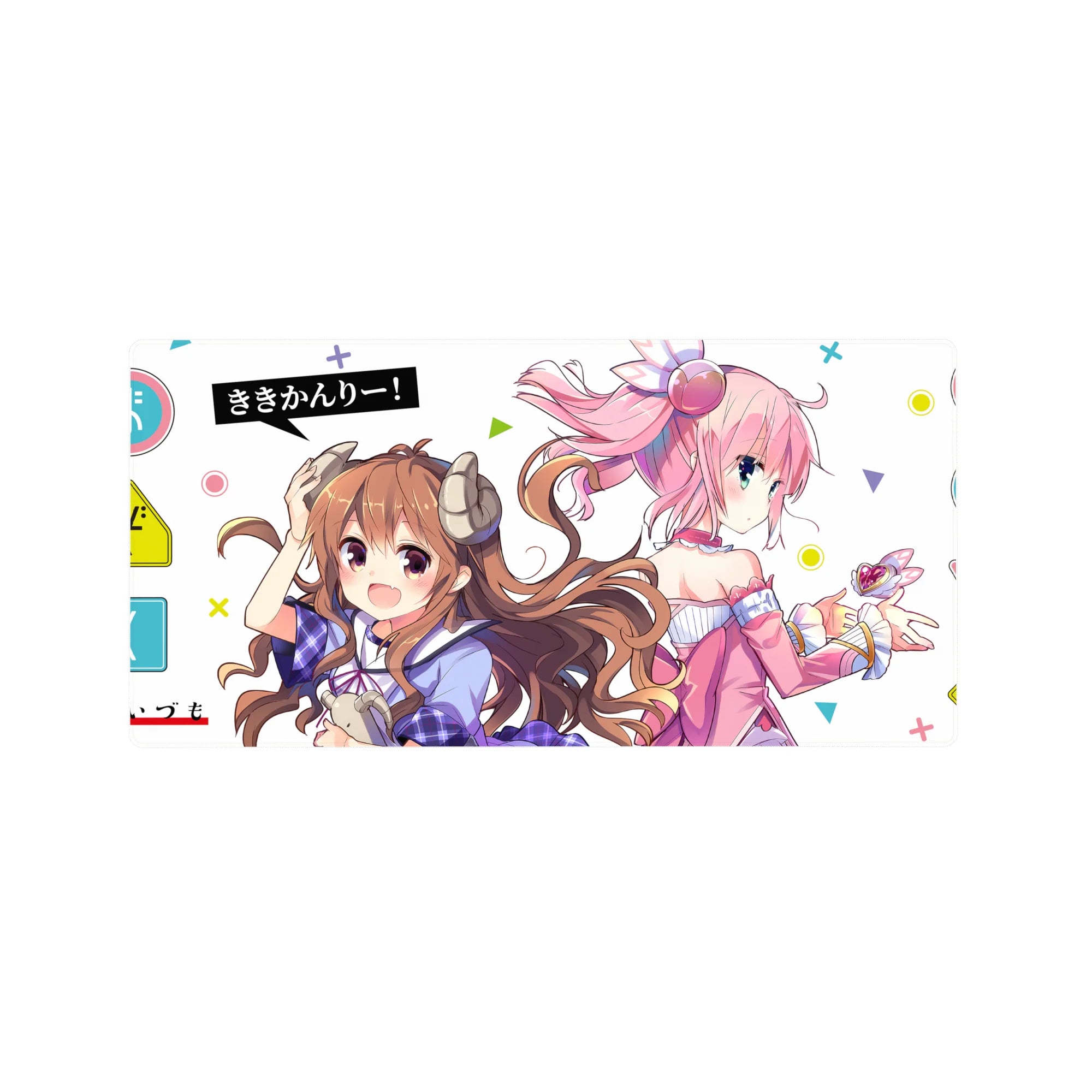 32x16 inches anime girl mouse pad with two girls, horn accessories, headphones, pastel shapes, white space.