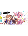 32x16 inches anime girl mouse pad with two girls, horn accessories, headphones, pastel shapes, white space.