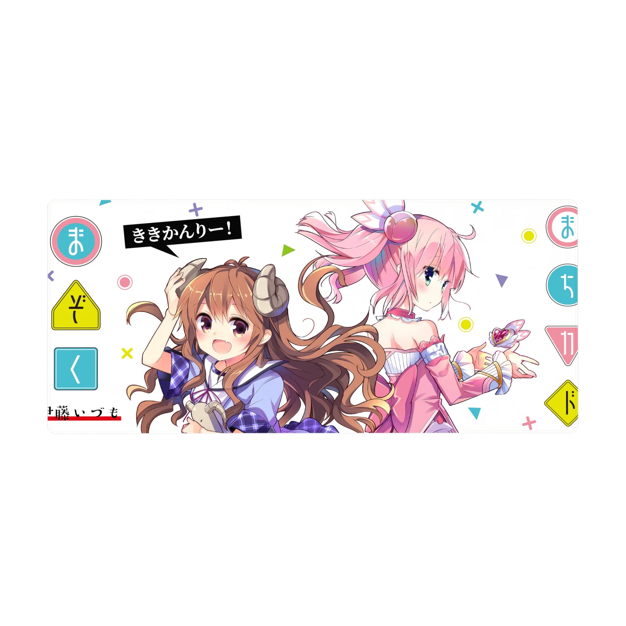 36x16 inches anime girl desk pad with two cute girls, horn accessories, headphones, pastel shapes, white space.