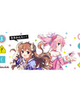 36x16 inches anime girl desk pad with two cute girls, horn accessories, headphones, pastel shapes, white space.