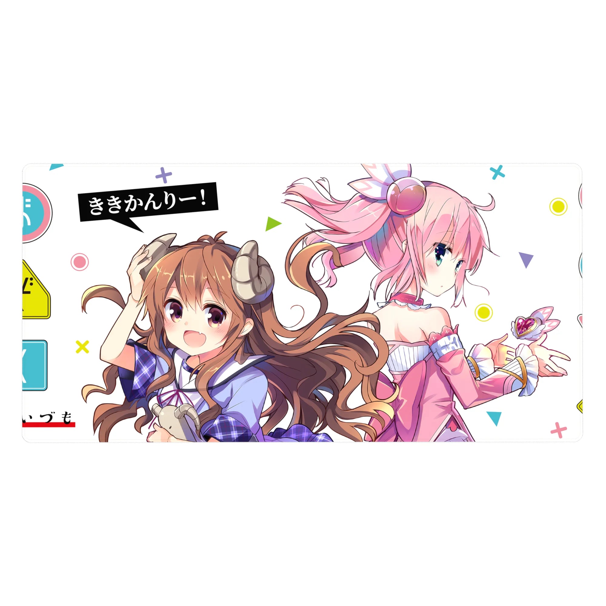 Anime girl desk pad 40x20 inches with two cute girls, horns and headphones, pastel shapes, white space.