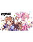 Anime girl desk pad 40x20 inches with two cute girls, horns and headphones, pastel shapes, white space.