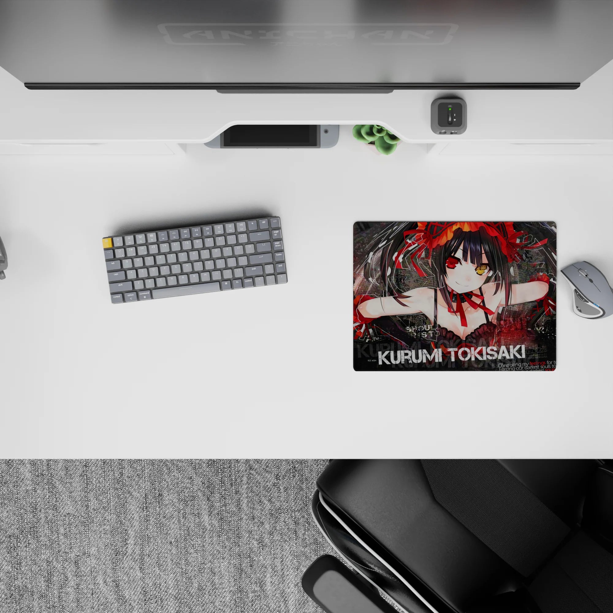 Dark romance anime mouse pad 14x10 inches in deep reds and smoky blacks with bold textured splash accents.
