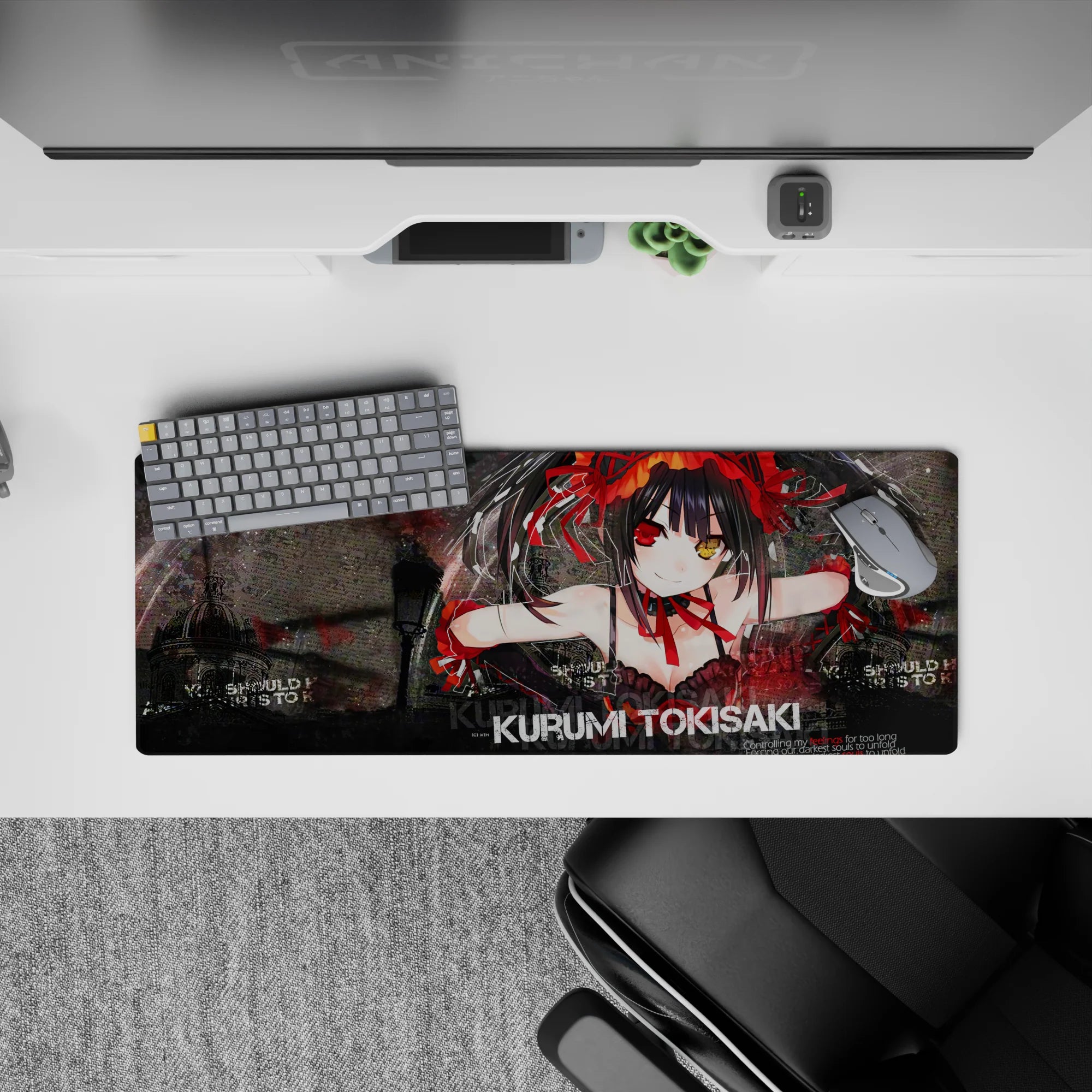 32x12 inches desk mouse pad in deep reds and smoky blacks, dark romance vibe, smooth tracking for gaming.