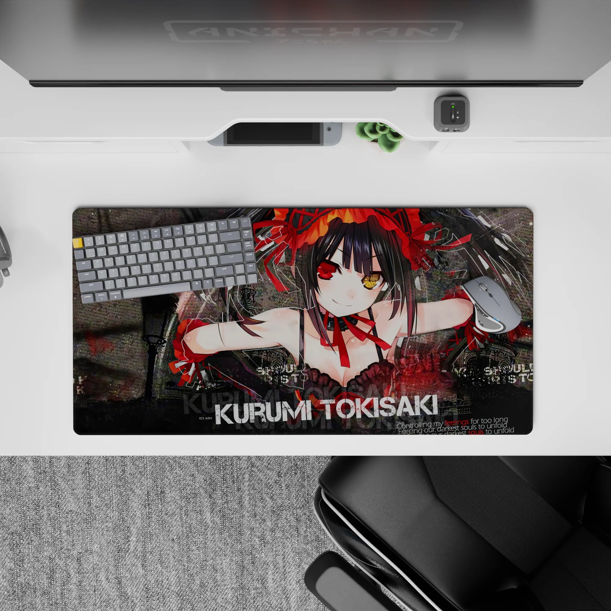 32x16 inches anime desk mat in deep reds and smoky blacks, dark romance vibe with bold textured splashes.