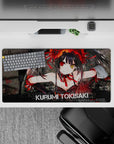 32x16 inches anime desk mat in deep reds and smoky blacks, dark romance vibe with bold textured splashes.