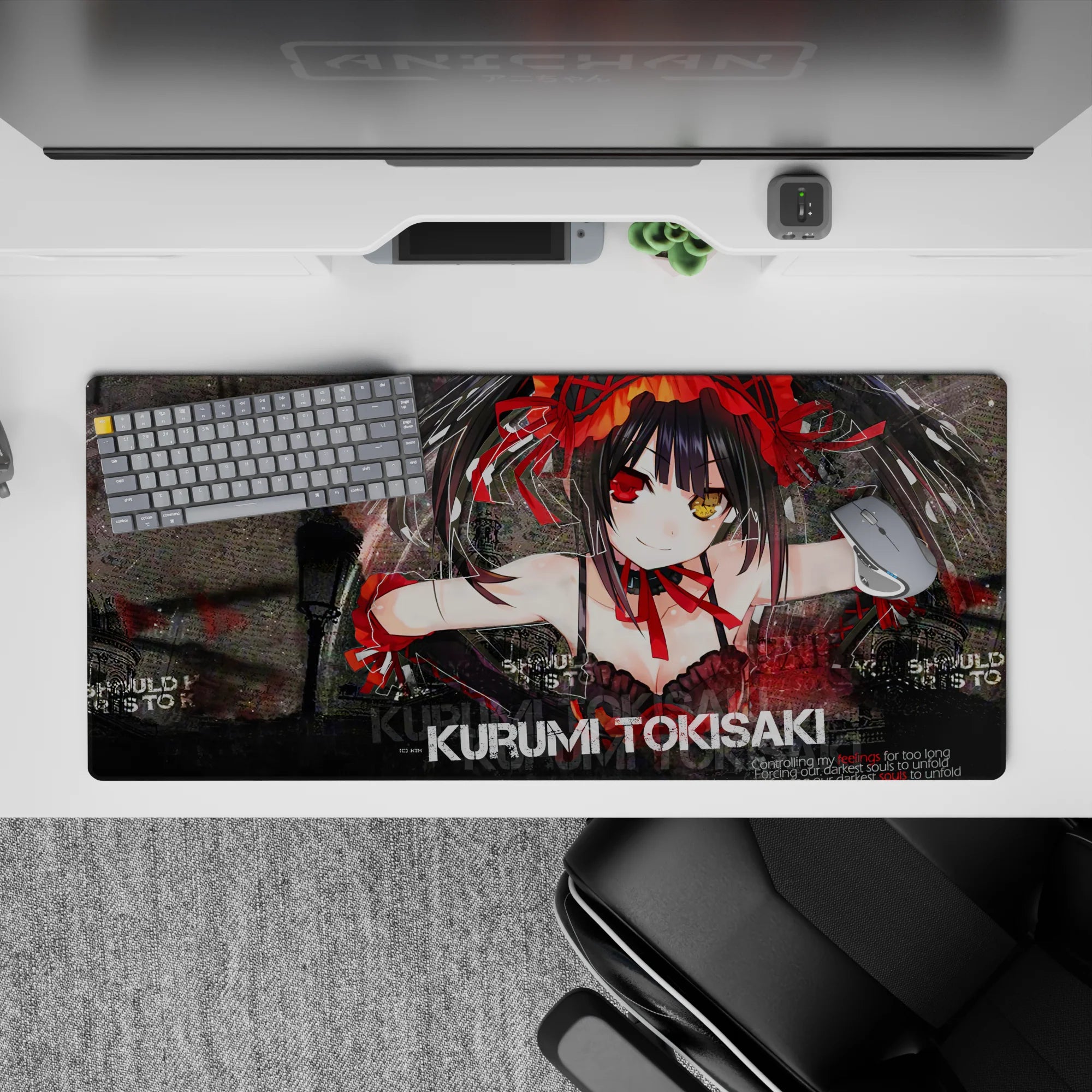 Dark romance anime desk pad 36x16 inches in deep reds and smoky blacks with gritty splash textures.
