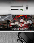 Dark romance anime desk pad 36x16 inches in deep reds and smoky blacks with gritty splash textures.