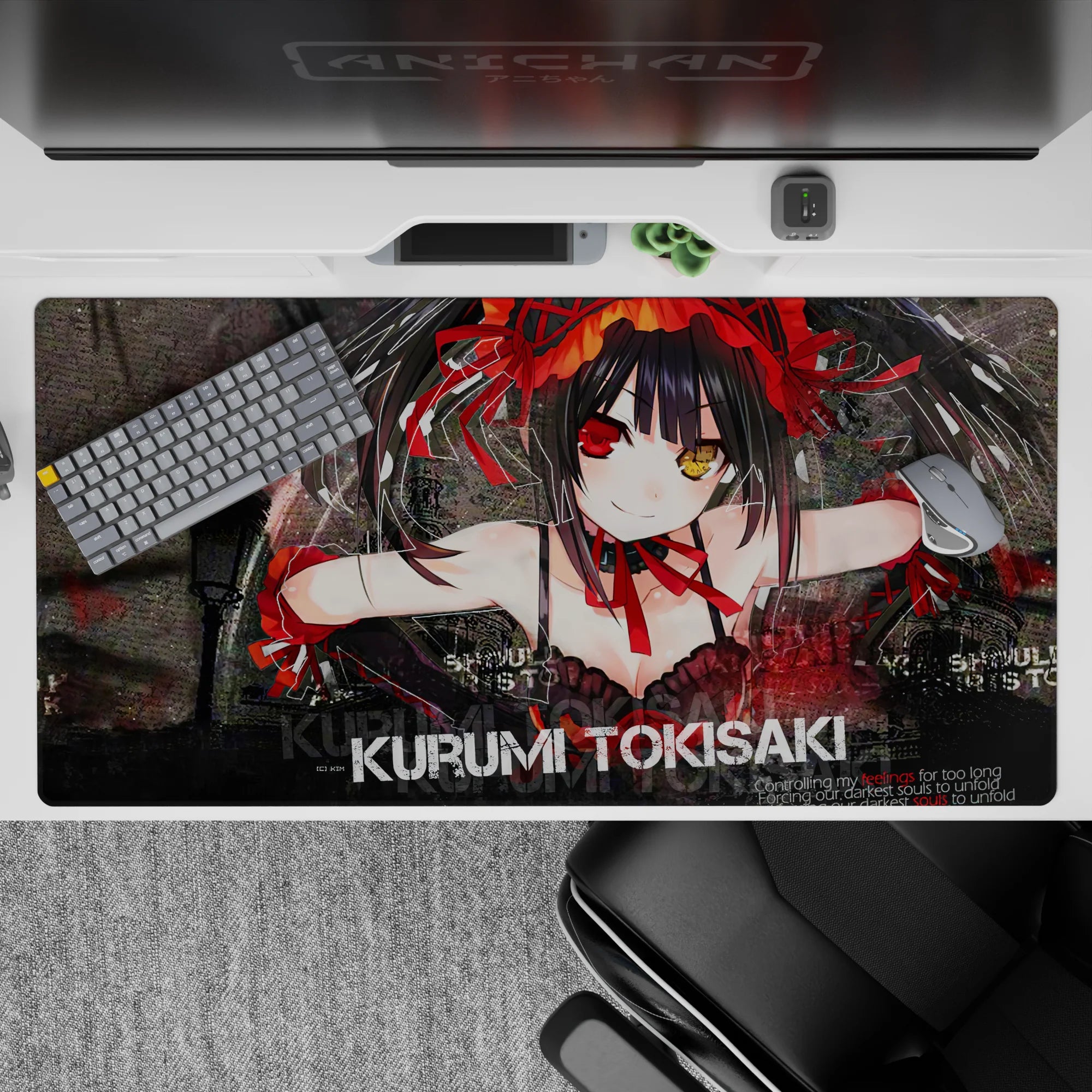 Dark romance anime desk pad 40x20 inches in deep reds and smoky blacks with shattered-glass texture.