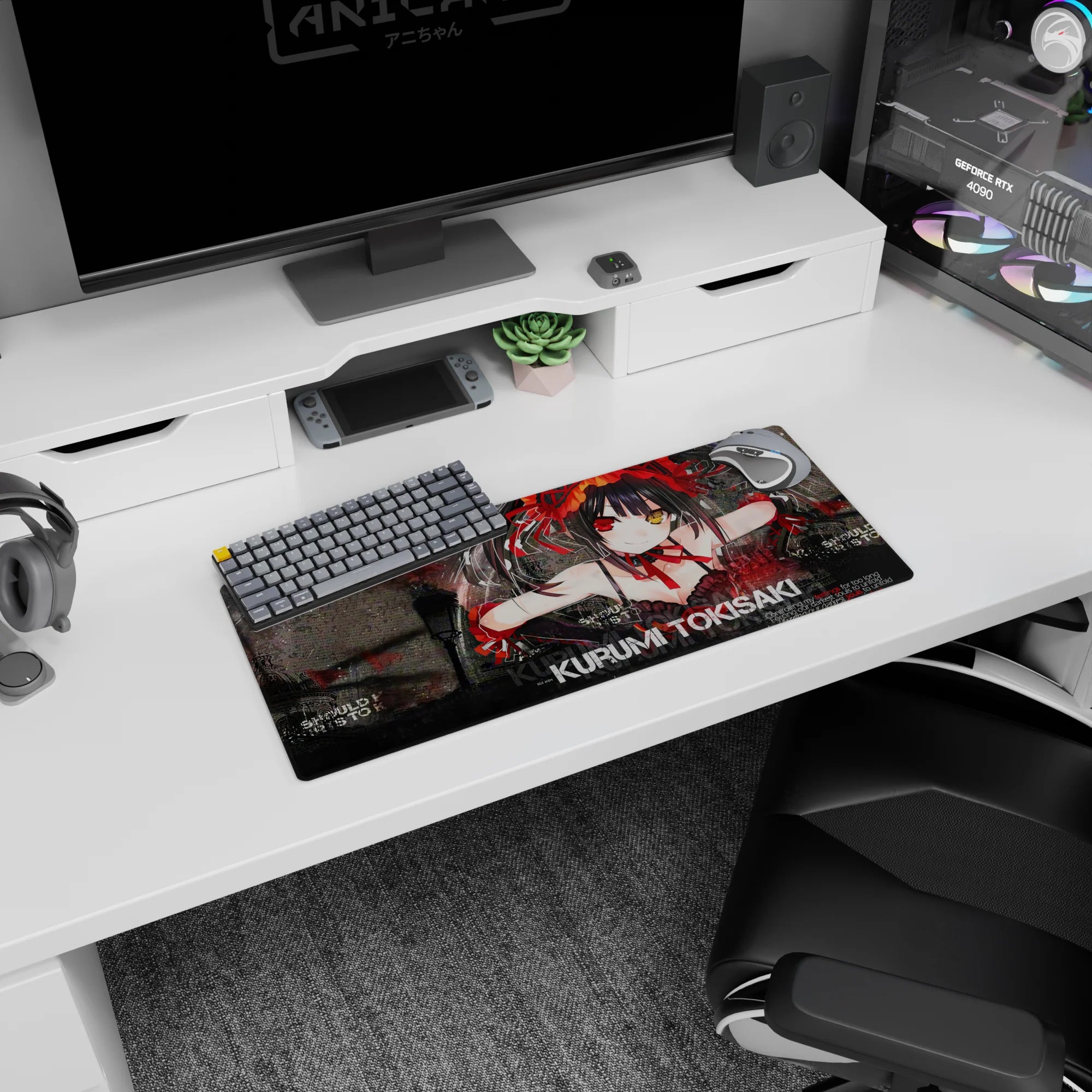 28x12 inches Kurumi Tokisaki Date A Live mouse pad, grinning with mismatched eyes amid shattered glass.