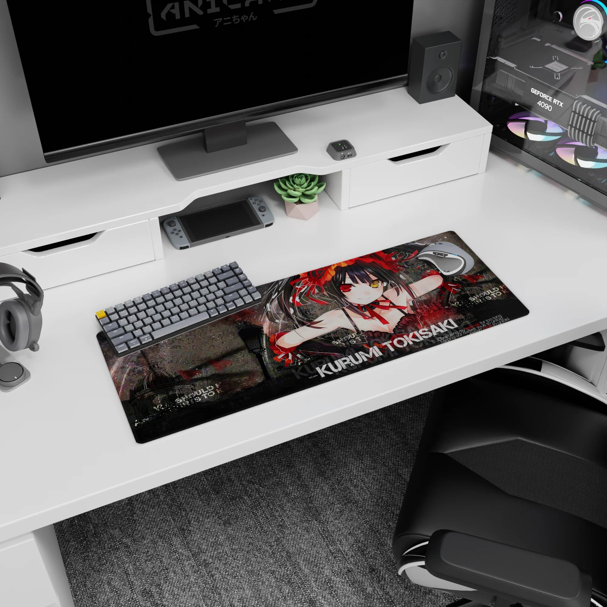 32x12 inches Kurumi Tokisaki Date A Live mouse pad, grinning with mismatched eyes amid shattered glass.
