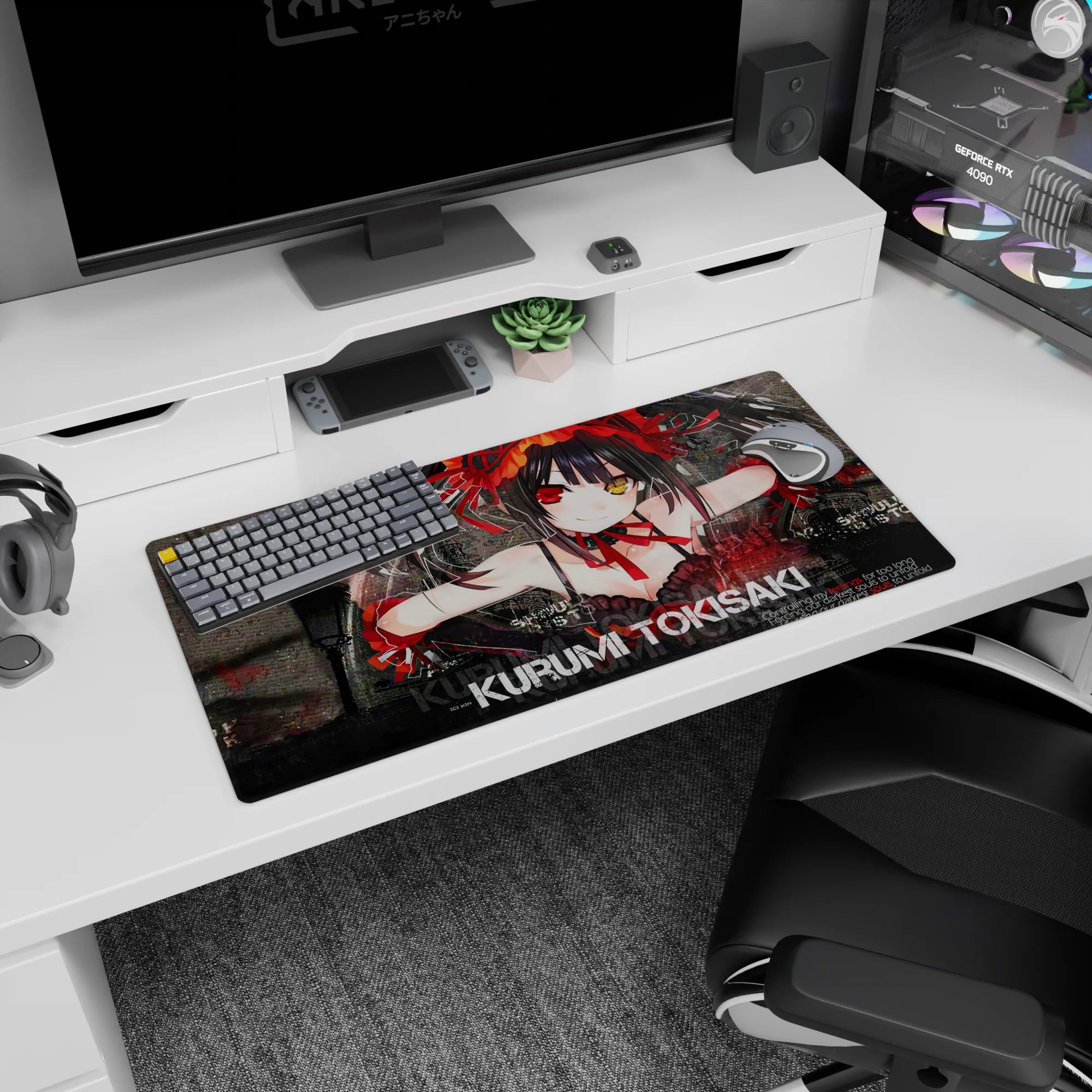 32x16 inches Kurumi Tokisaki Date A Live mouse pad, grinning with mismatched eyes amid shattered glass.