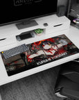 Kurumi Tokisaki Date A Live desk pad 36x16 inches, grinning with mismatched eyes and crimson ribbons.