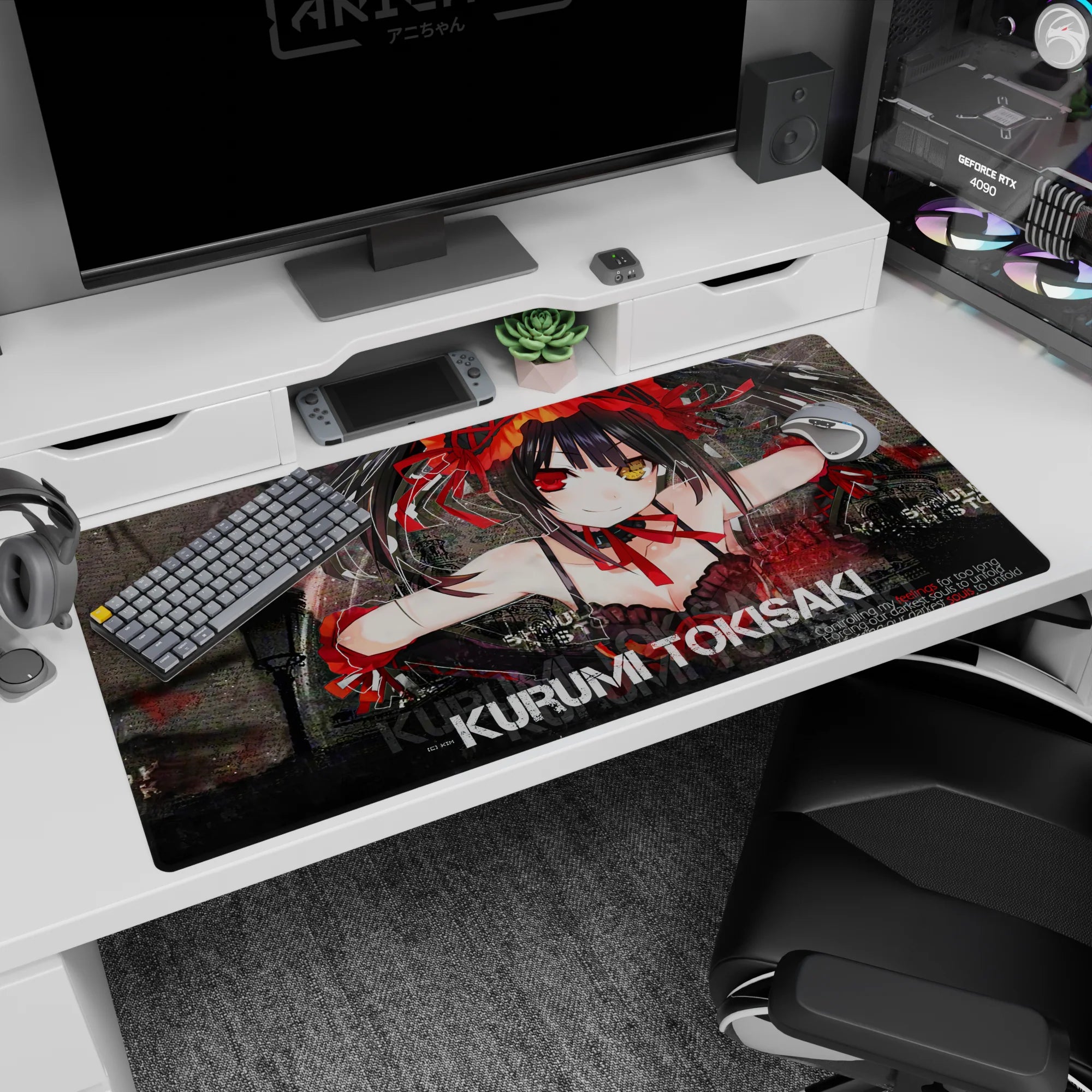 Kurumi Tokisaki grinning mouse pad 40x20 inches, mismatched eyes, crimson ribbons, urban scene.