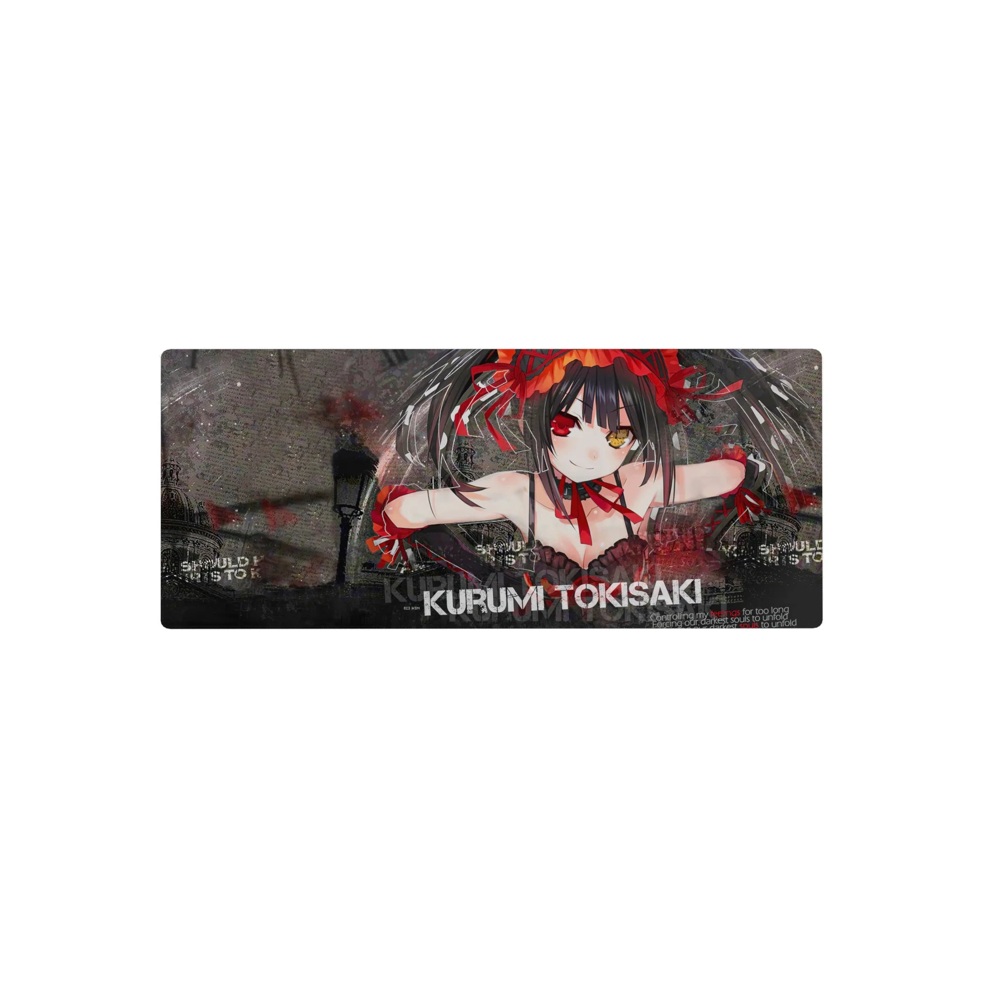 28x12 inches anime girl mouse pad with twin tails, crimson ribbons, gritty street backdrop and glass shards.