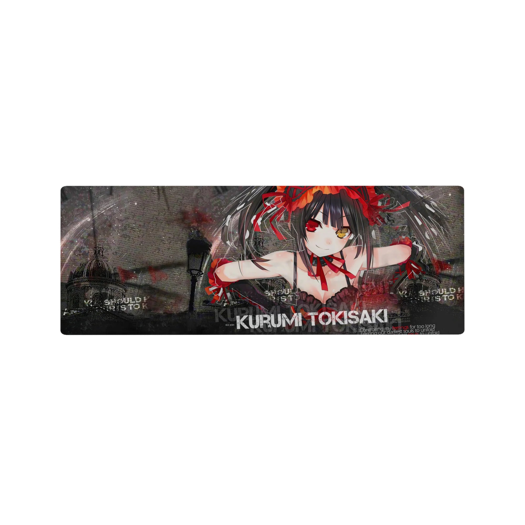 32x12 inches anime girl mouse pad with twin tails, crimson ribbons, gritty street backdrop, shattered glass art.